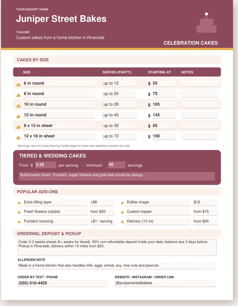 Price list page from the Cake Menu, Price List &amp; Serving Guide
