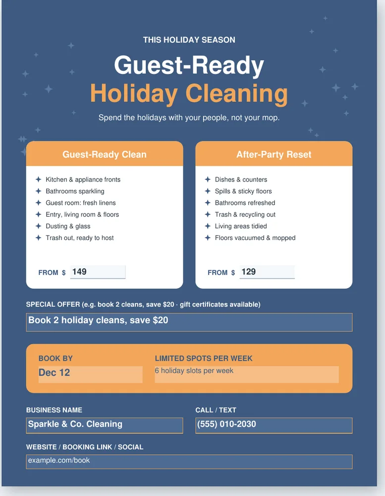 Service menu and holiday flyer pages from the Cleaning Business Holiday Promo Kit