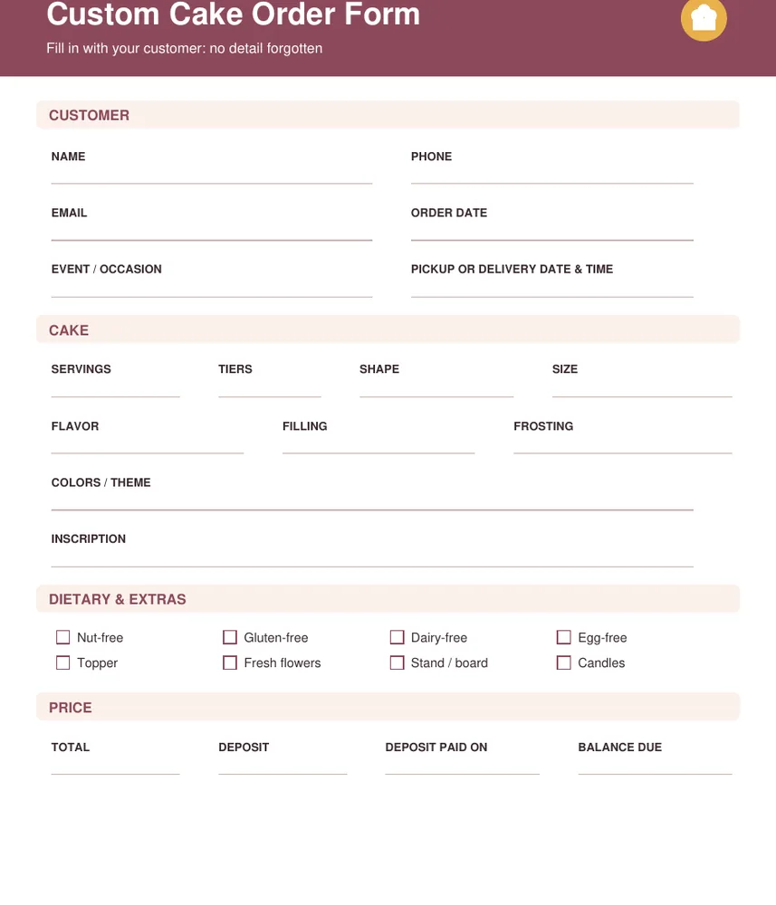 Page from the free Custom Cake & Treat Order Forms