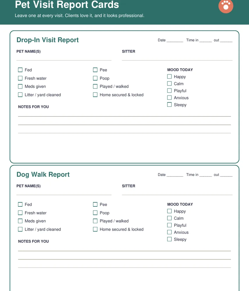 Page from the free Pet Visit Report Cards