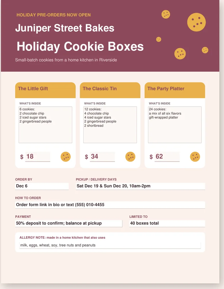 Box menu and pre-order form pages from the Holiday Cookie Box Pre-Order Kit