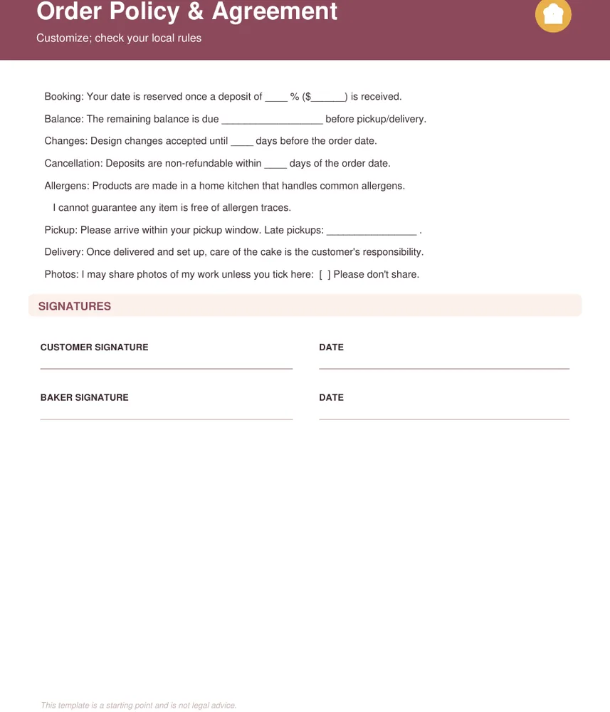 Order Policy & Agreement page from the Home Bakery Business Forms pack