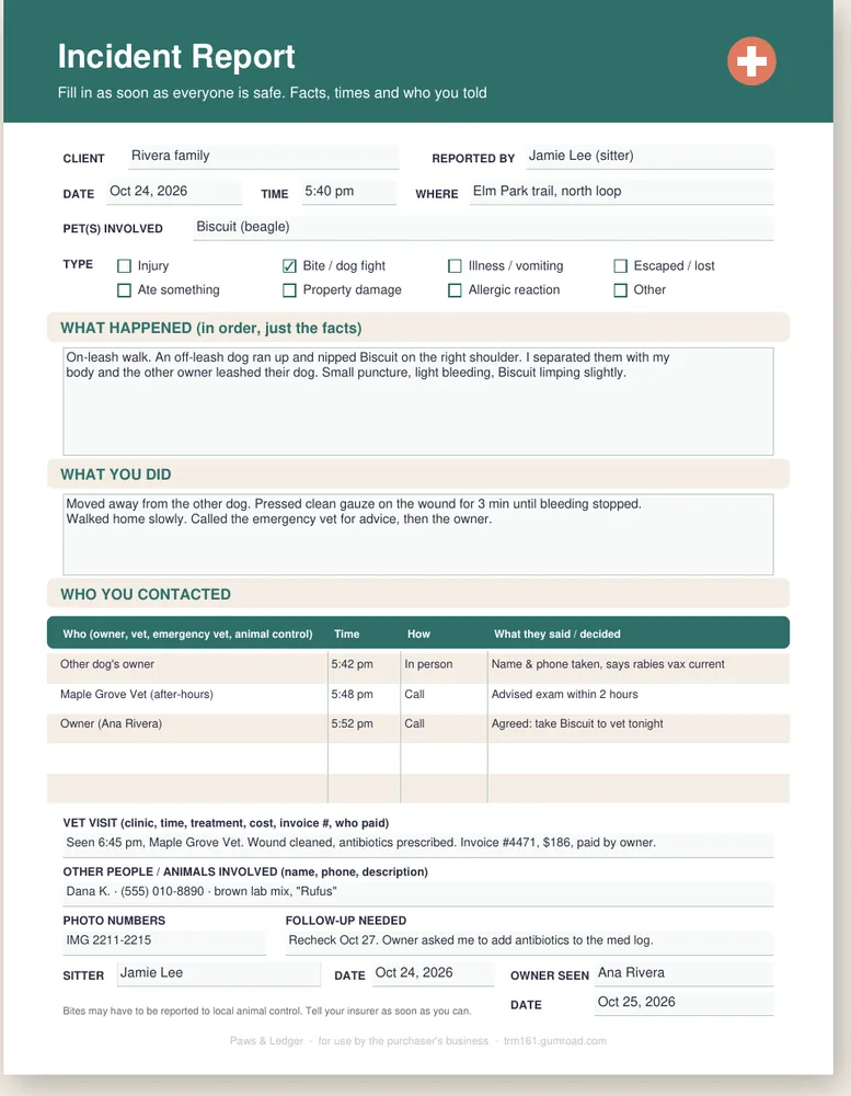 Screenshot of the Medication Log, Incident Report & Emergency Plan Kit (PDF page) with example entries